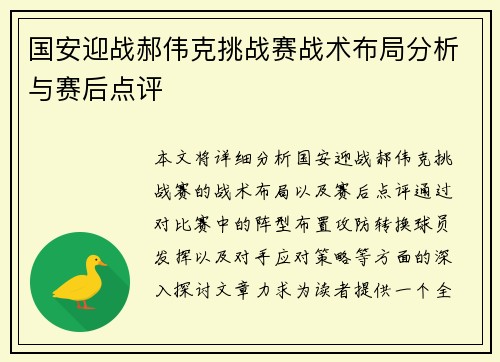 国安迎战郝伟克挑战赛战术布局分析与赛后点评