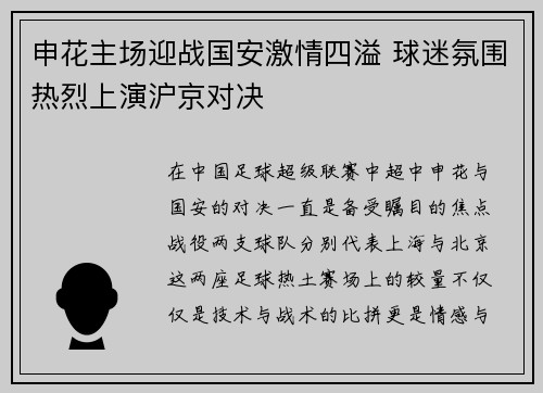 申花主场迎战国安激情四溢 球迷氛围热烈上演沪京对决